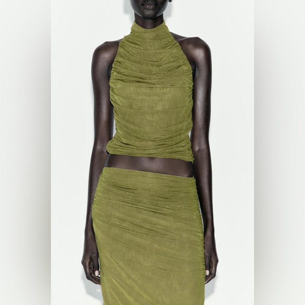 Zara Olive Green Ruched Midi Dress